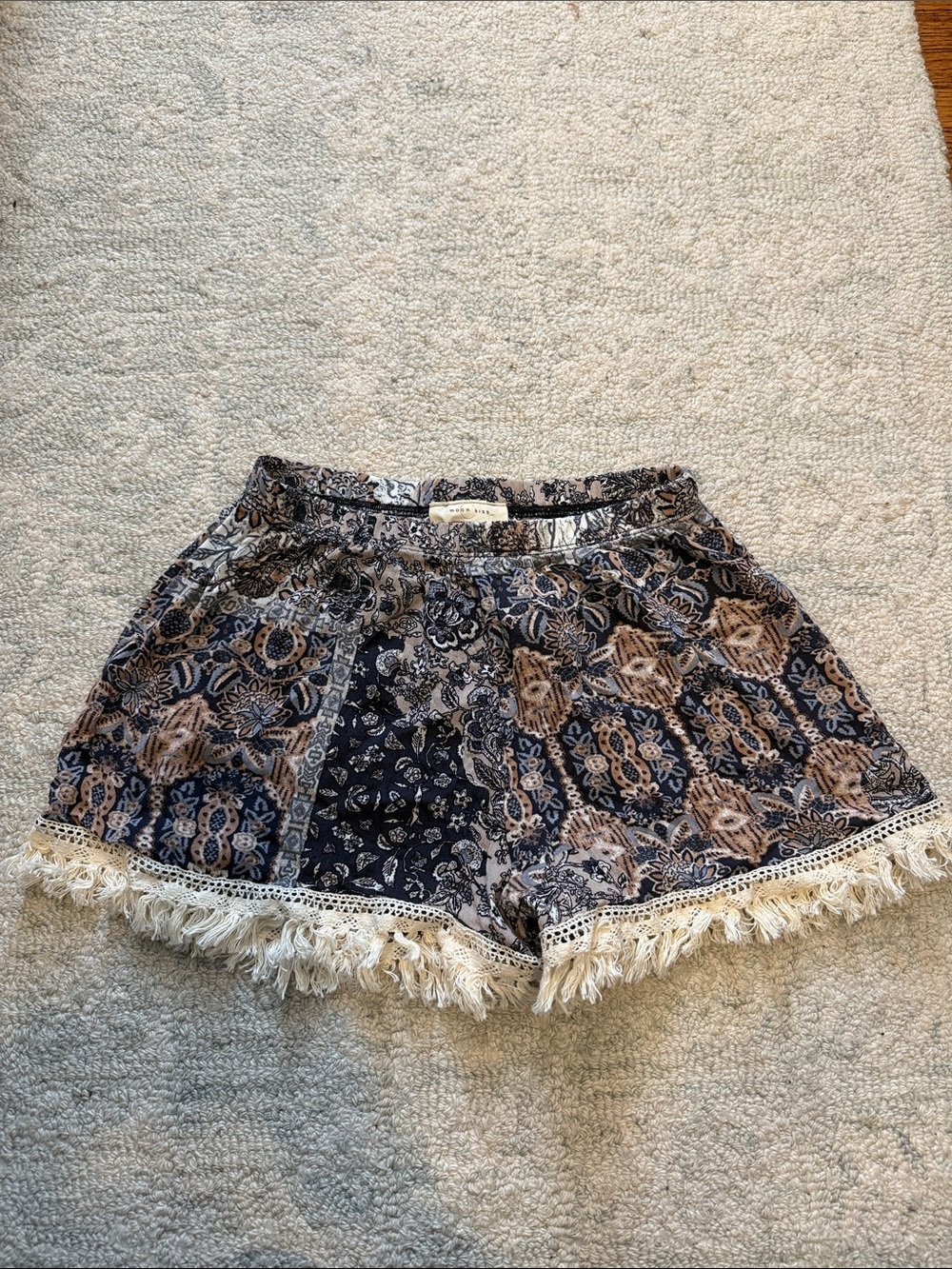 Charlotte Russe Navy & Beige Patchwork Tassel Hem Shorts